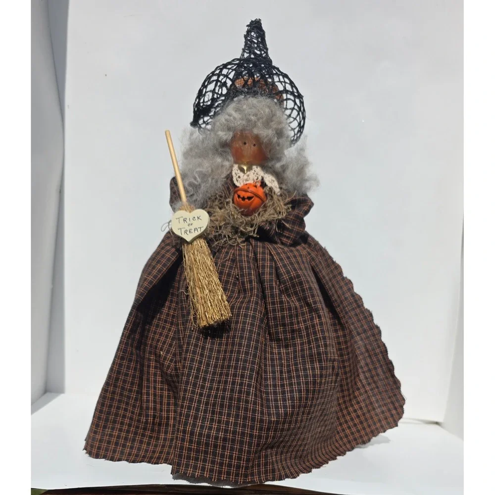 Vintage Primitive Halloween Witch Doll Handmade Folk Art Plaid Decor 14.5 inch